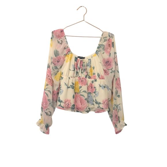 Forever 21 Tops - Forever 21 Floral Scoop-Neck Long Sleeve Blouse - Pink & Yellow on Cream